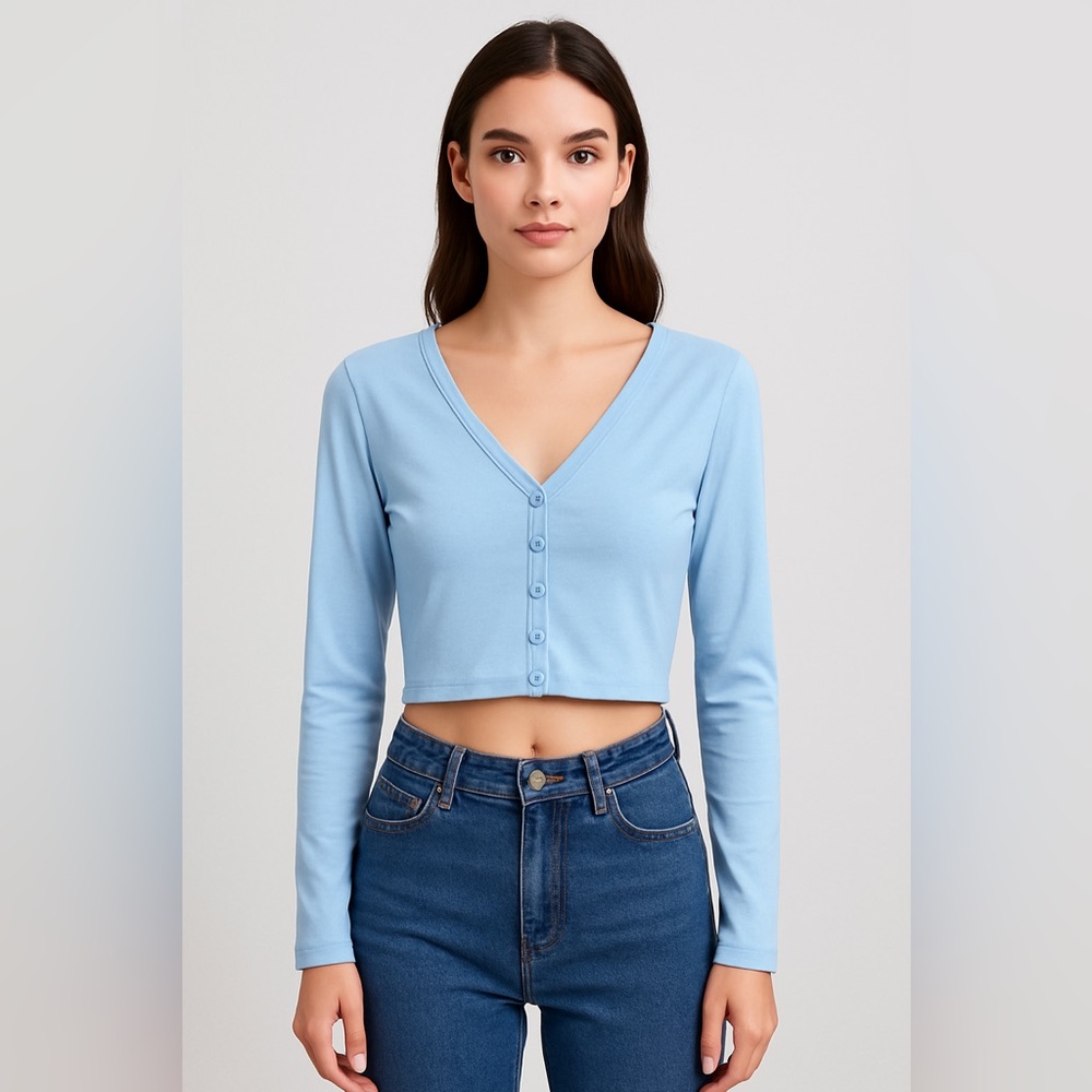 Shein Baby Blue Button Front Long Sleeve Crop Top Size M
